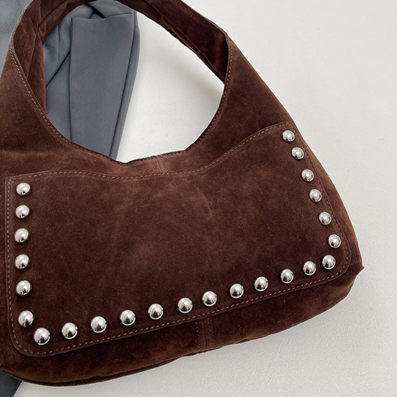 Sacs À Bandoulière Ronds Pour Femmes En Daim Uni À Rivets Et Style Décontracté h5Image5