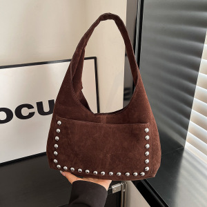 Sacs À Bandoulière Ronds Pour Femmes En Daim Uni À Rivets Et Style Décontracté h5 Image2