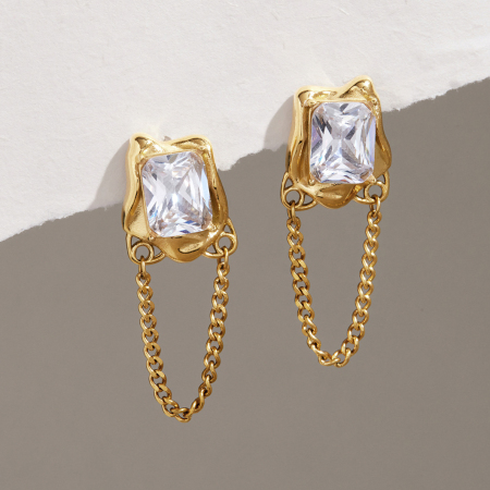 Boucles D'Oreilles Puces Pour Femmes, Forme Géométrique Simple Avec Pompon, Acier Inoxydable Étanche, Couleur Or Et Zircon.