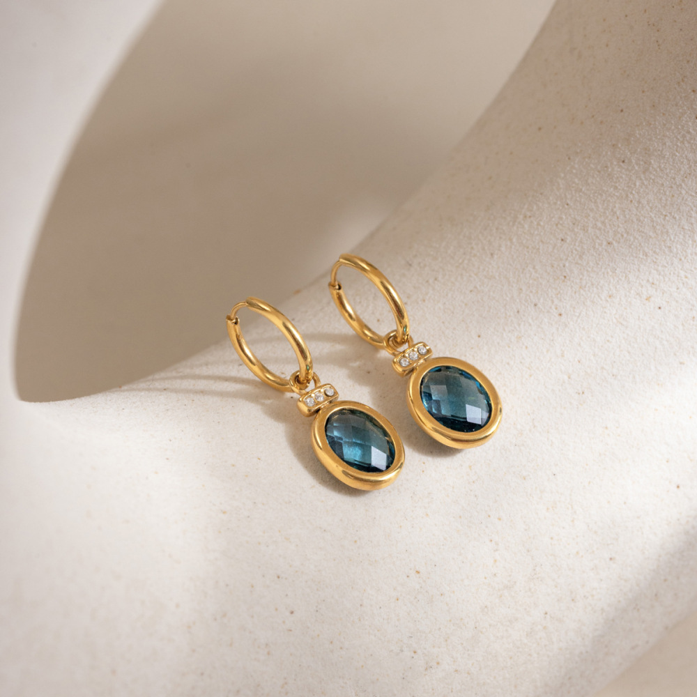 Boucles D'Oreilles Pendantes Pour Femme, Forme Elliptique Simple, En Acier Inoxydable, Couleur Or, Imperméables, Avec Cristaux. Image4