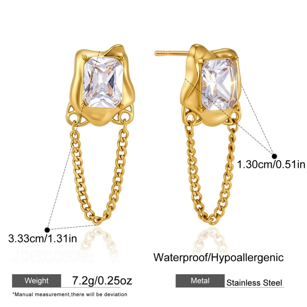 Boucles D'Oreilles Puces Pour Femmes, Forme Géométrique Simple Avec Pompon, Acier Inoxydable Étanche, Couleur Or Et Zircon. 