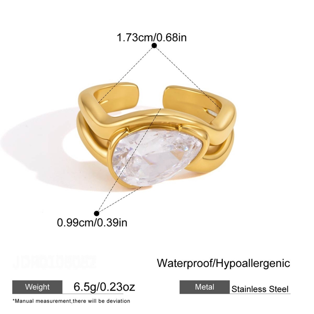 Bagues Pour Femmes En Acier Inoxydable Doré, Étanches, Serties De Zircon Et Ornées D'Une Goutte D'Eau, Collection Luxe Simple Droplet.
