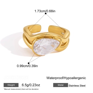 Bagues Pour Femmes En Acier Inoxydable Doré, Étanches, Serties De Zircon Et Ornées D'Une Goutte D'Eau, Collection Luxe Simple Droplet. h5