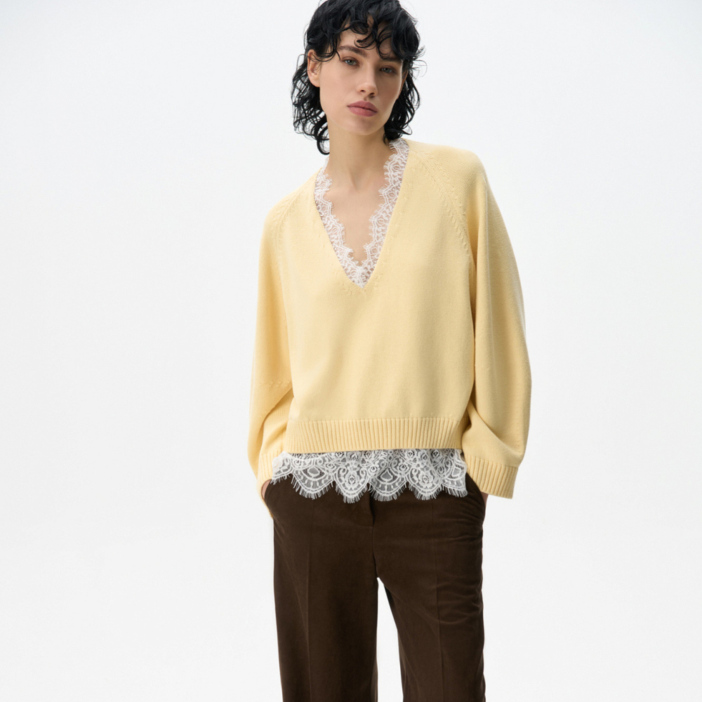Pull Élégant En Maille Classique À Empiècement En Dentelle Unie Image3