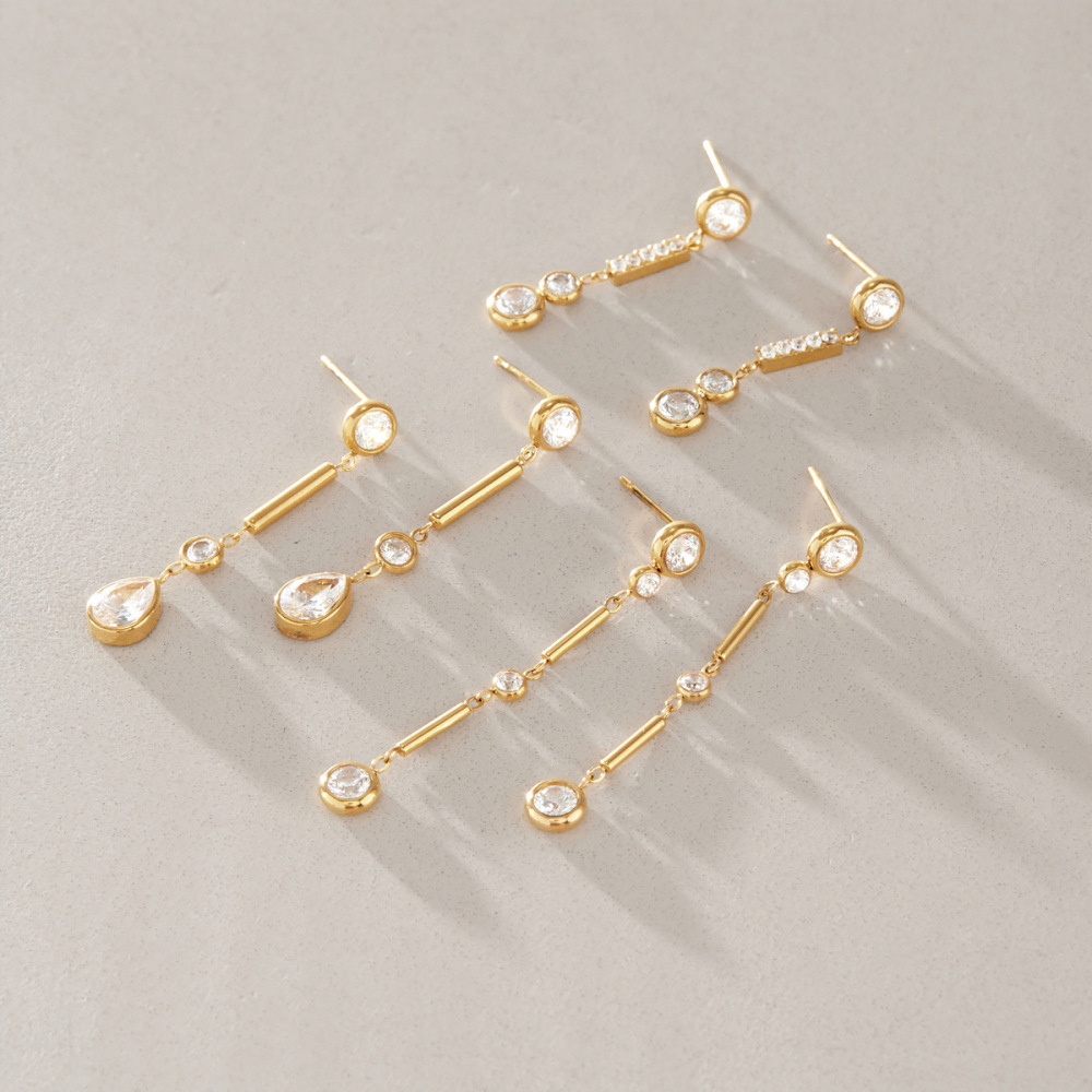 Boucles D'Oreilles Pendantes Élégantes Pour Femmes, En Acier Inoxydable Imperméable, Couleur Or, Avec Pompon Et Zircon. Image4