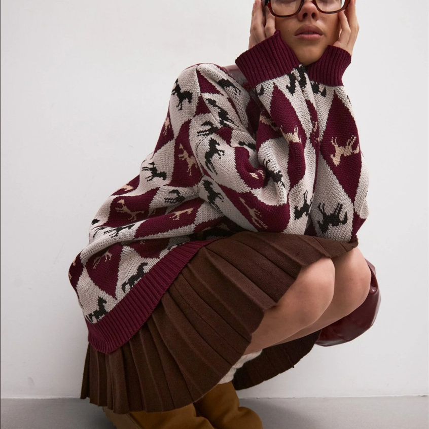Pull En Maille À Col Rond Décontracté, Coupe Ample Et Color-Block, Motif Poney Image4