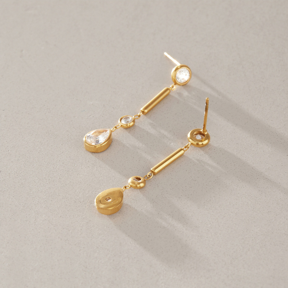 Boucles D'Oreilles Pendantes Élégantes Pour Femmes, En Acier Inoxydable Imperméable, Couleur Or, Avec Pompon Et Zircon. Image3