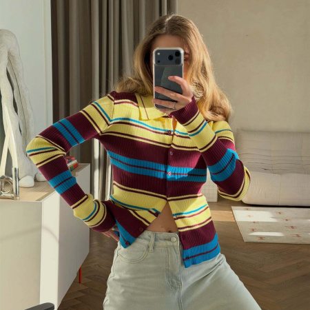 Cardigan En Maille À Rayures Rétro Et Boutons, Coupe Ajustée