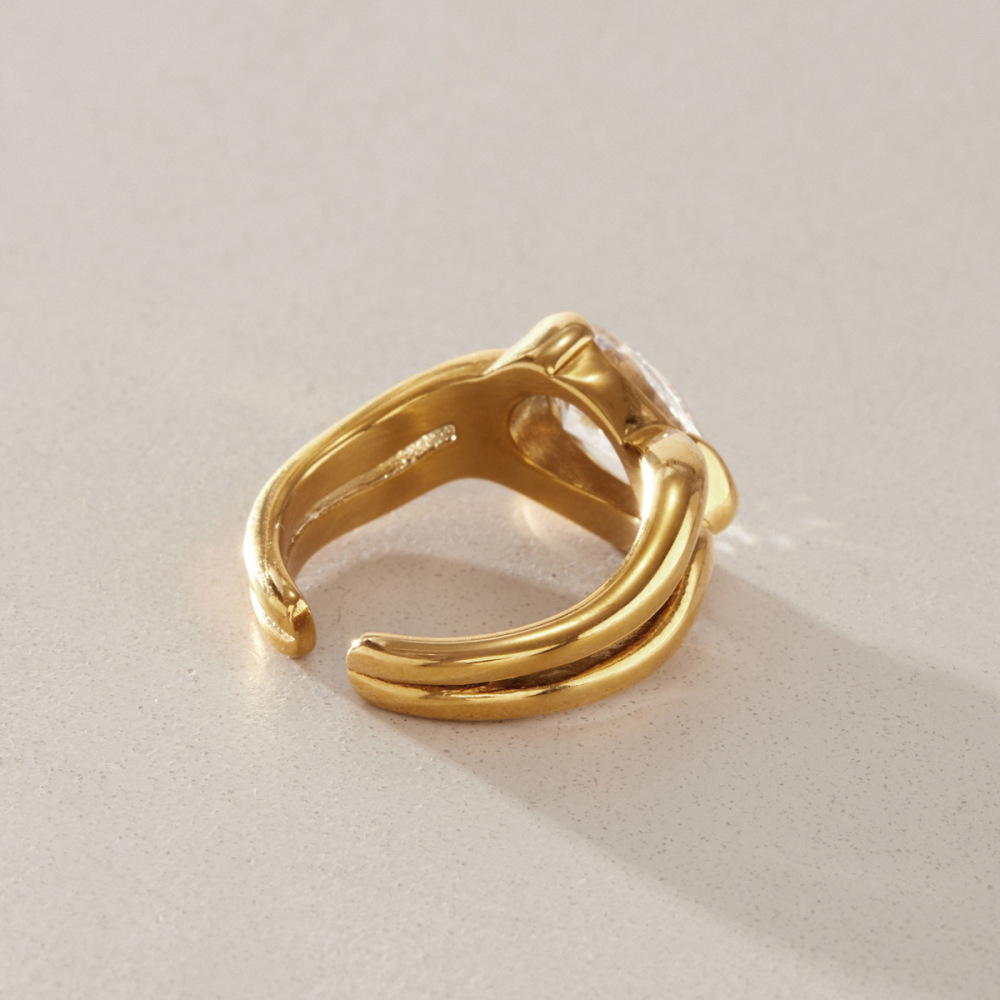 Bagues Pour Femmes En Acier Inoxydable Doré, Étanches, Serties De Zircon Et Ornées D'Une Goutte D'Eau, Collection Luxe Simple Droplet. Image4