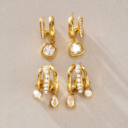 Boucles D'Oreilles Puces Pour Femmes, Forme Géométrique, Acier Inoxydable, Étanches, Couleur Or, Zircon.