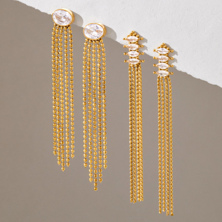 Boucles D'Oreilles Pendantes Élégantes Pour Femmes, En Acier Inoxydable Imperméable, Couleur Or, Avec Pompon Et Zircon. 2