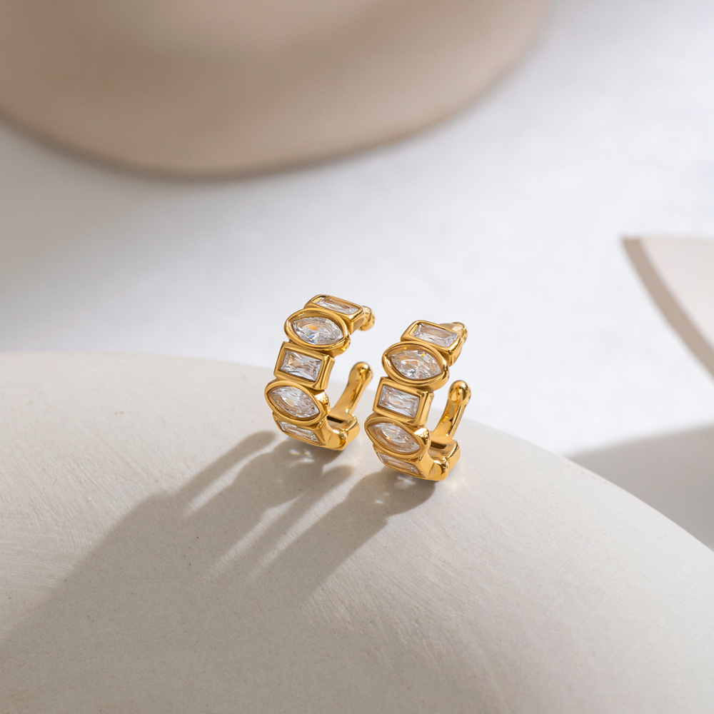 Boucles D'Oreilles Manchette Pour Femmes En Acier Inoxydable Étanche Couleur Or Et Zircon Image4
