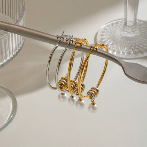 Boucles D'Oreilles Créoles Pour Femmes En Acier Inoxydable Imperméable Avec Perles Artificielles. h5 Image3