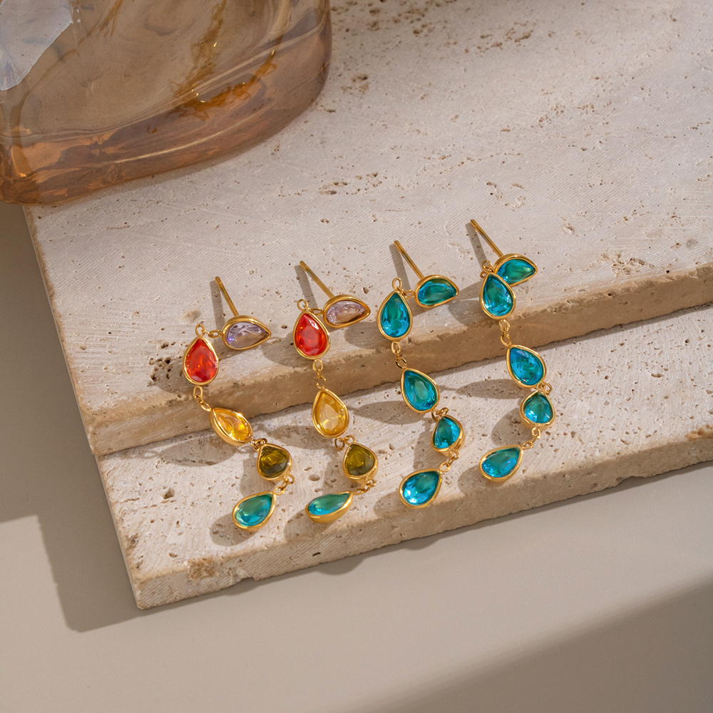 Boucles D'Oreilles Pendantes Pour Femme, Forme Géométrique, En Acier Inoxydable, Étanches, Couleur Or, Avec Zircon. Image4