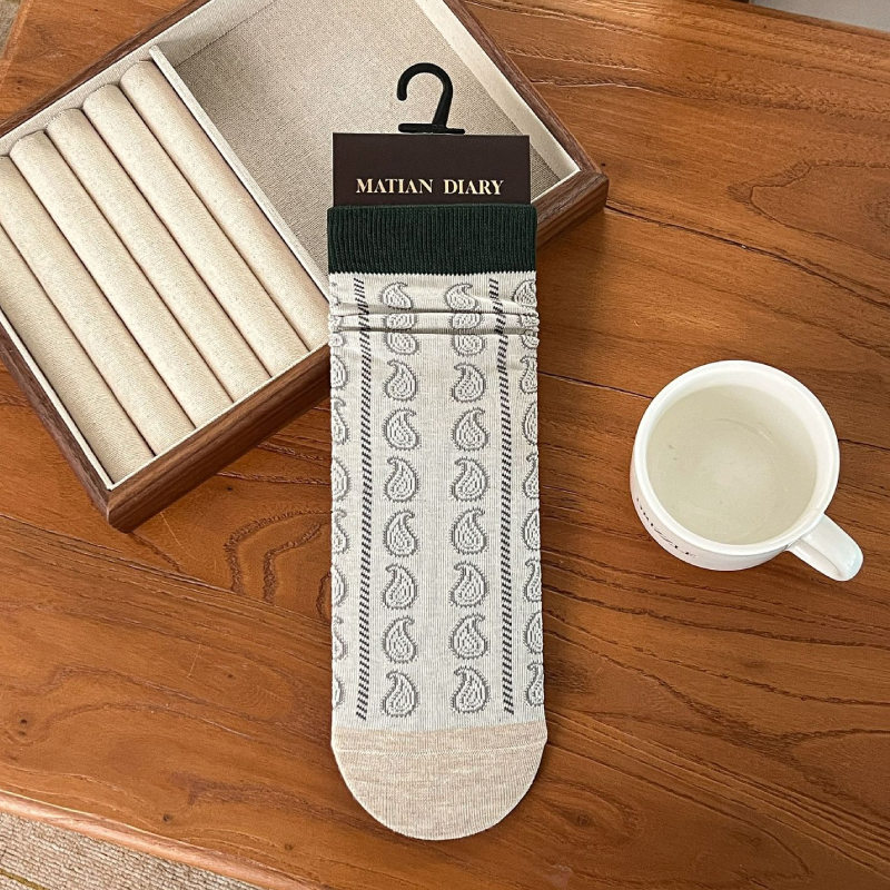 Chaussettes Mi-Mollet Pour Femmes, Imprimé Floral Ethnique, Motif Cachemire, Couleurs Contrastées