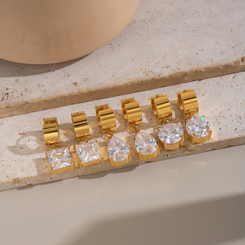 Boucles D'Oreilles Pendantes Pour Femme, Forme Géométrique, En Acier Inoxydable, Étanches, Couleur Or, Avec Zircon. Image3