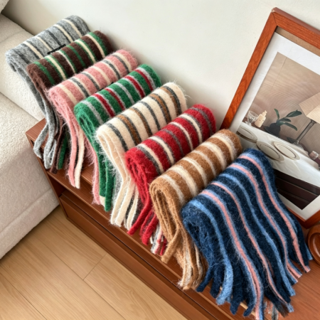 Écharpes D'Hiver En Laine Multicolores À Rayures Décontractées Et Pompons, Collection Simple 2