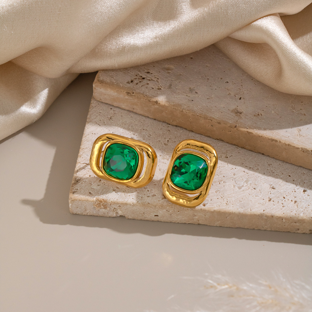 Boucles D'Oreilles Puces Pour Femmes, Forme Géométrique, En Acier Inoxydable, Étanches, Couleur Or, Avec Cristaux. Image3