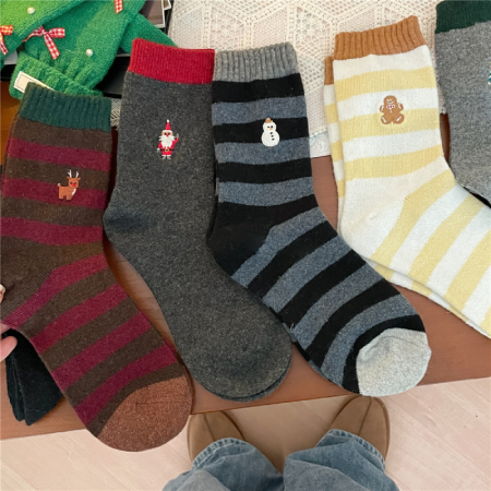Chaussettes Mi-Mollet À Rayures Décontractées Et Légèrement Rebondissantes Pour Femmes, Motif Noël 2
