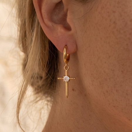 Boucles D'Oreilles Pendantes Pour Femme, En Acier Inoxydable, Couleur Or, Avec Zircon Et Croix Simple. 2