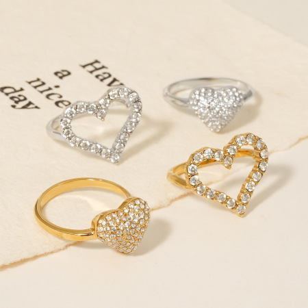 Bague Pour Femme En Acier Inoxydable Doré, Ornée D'Un Zircon Et Sertie D'Un Cœur Simple.