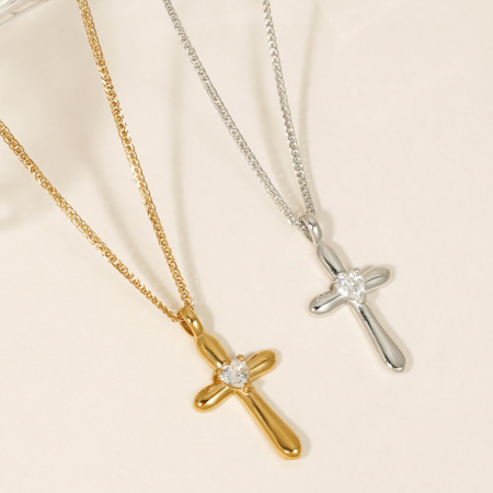 Colliers Pendentifs Pour Femmes En Forme De Cœur Et Croix, En Acier Inoxydable Étanche, Couleur Or Et Zircon.