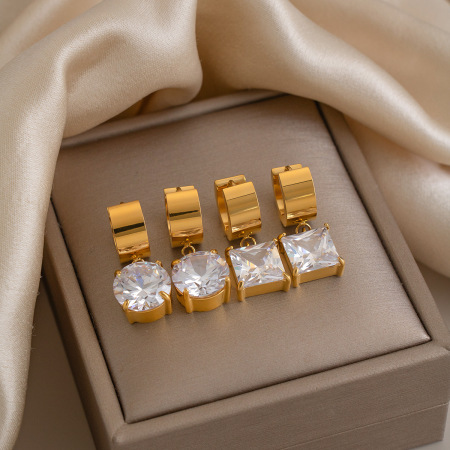Boucles D'Oreilles Pendantes Pour Femme, Forme Géométrique, En Acier Inoxydable, Étanches, Couleur Or, Avec Zircon.