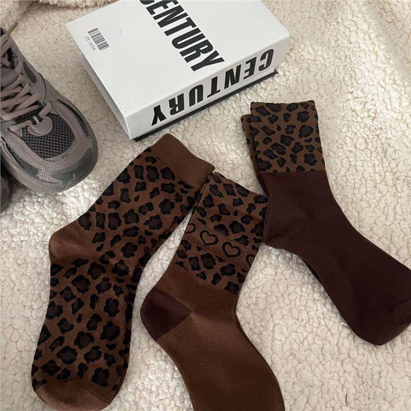 Chaussettes Mi-Mollet Rétro Pour Femmes, Couleur Unie, Imprimé Léopard Et Cœur Image2