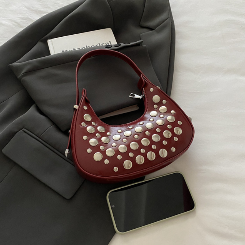 Sacs Bandoulière Femme Style Streetwear Avec Rivets Métalliques Et Clous, Couleur Unie, En Pu. Image2