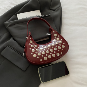 Sacs Bandoulière Femme Style Streetwear Avec Rivets Métalliques Et Clous, Couleur Unie, En Pu. h5 Image2