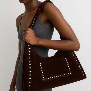 Sacs À Bandoulière Carrés Pour Femmes, Style Décontracté, Ornés De Clous Métalliques Et De Rivets En Daim Uni h5 Image2