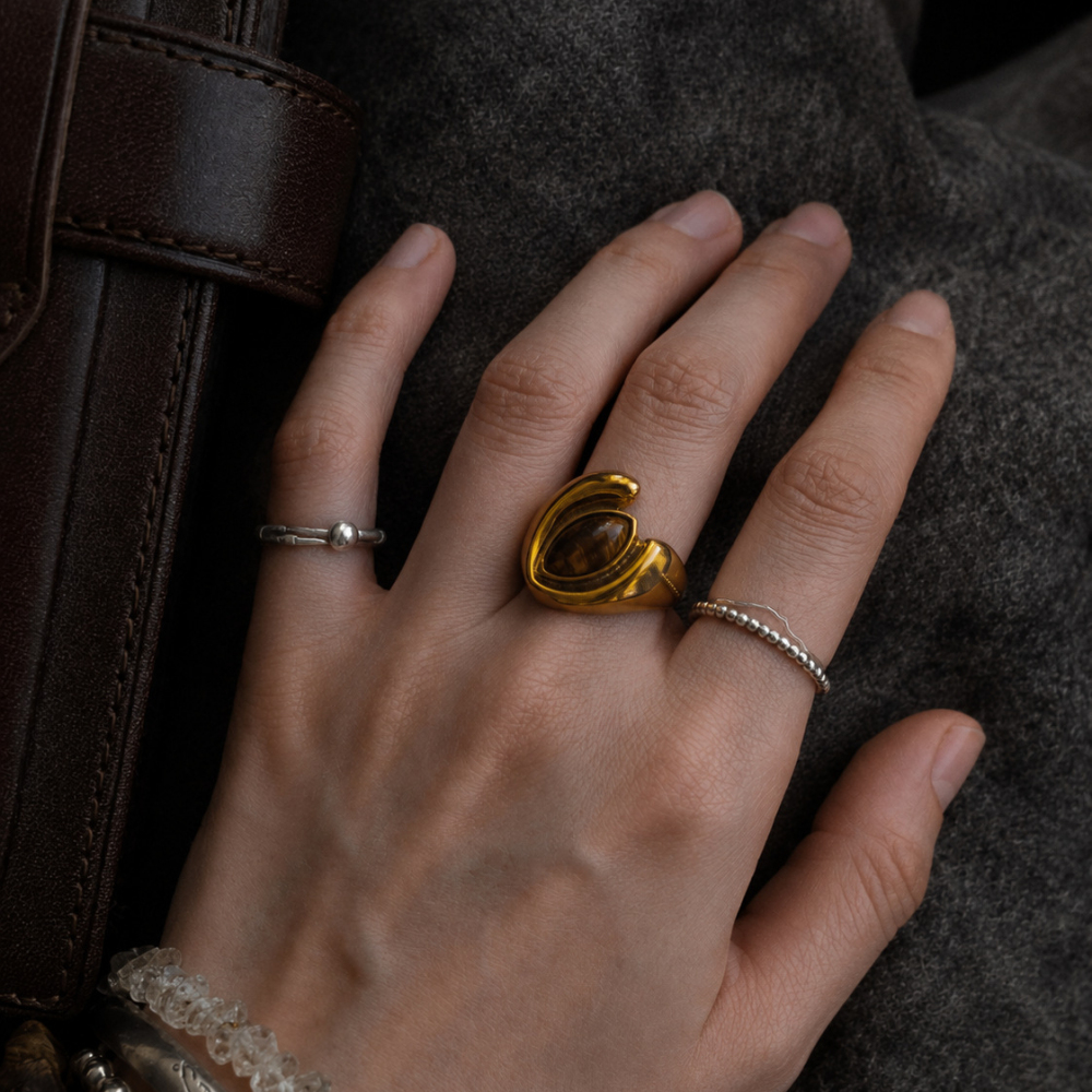 Bague Pour Femme En Acier Inoxydable, Pierre Naturelle De Forme Elliptique, Couleur Or, Étanche. Image2