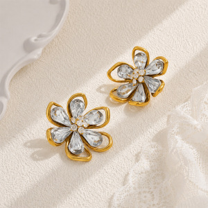 Boucles D'Oreilles Puces Élégantes En Acier Inoxydable Doré, Ornées De Zircon, Style Romantique, En Forme De Fleur, Étanches. h5 Image2