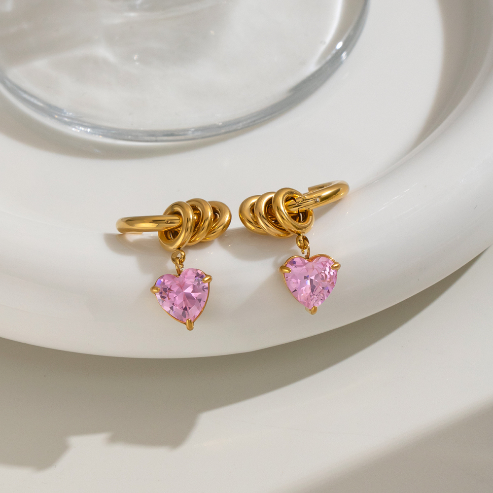 Boucles D'Oreilles Pendantes Pour Femme En Acier Inoxydable, Imperméables, Couleur Or, Avec Zircon Et Motif Cœur Image2