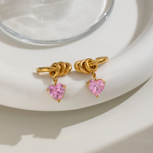 Boucles D'Oreilles Pendantes Pour Femme En Acier Inoxydable, Imperméables, Couleur Or, Avec Zircon Et Motif Cœur h5 Image2