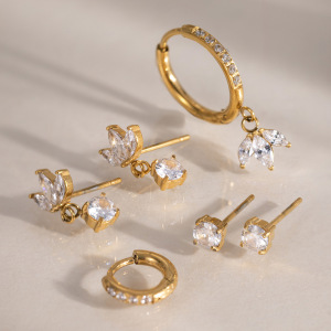 Boucles D'Oreilles Pour Femmes En Acier Inoxydable Imperméable Couleur Or Avec Zircon, Ornées De Fleurs h5 Image2