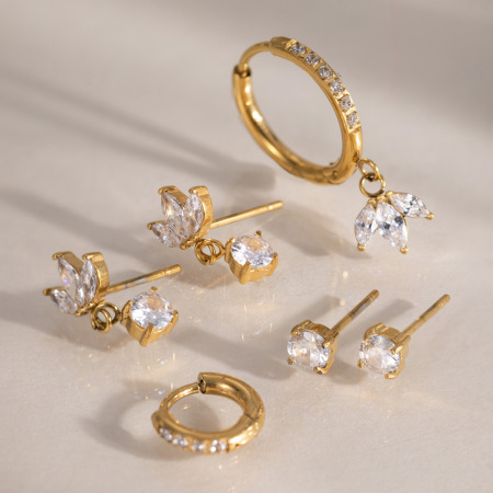 Boucles D'Oreilles Pour Femmes En Acier Inoxydable Imperméable Couleur Or Avec Zircon, Ornées De Fleurs 2