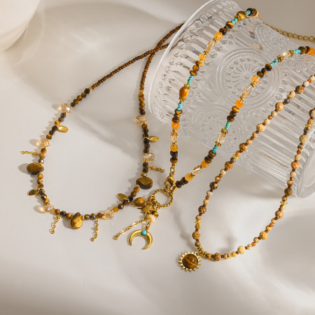 Colliers De Perles Rétro Classiques Pour Femmes, Motif Soleil Et Lune, Pierres Naturelles Couleur Or 2