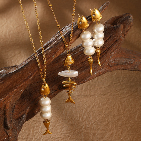 Ensembles De Colliers Pour Femmes En Acier Inoxydable, Imperméables, Couleur Or, Avec Perles Artificielles Et Motif Poisson
