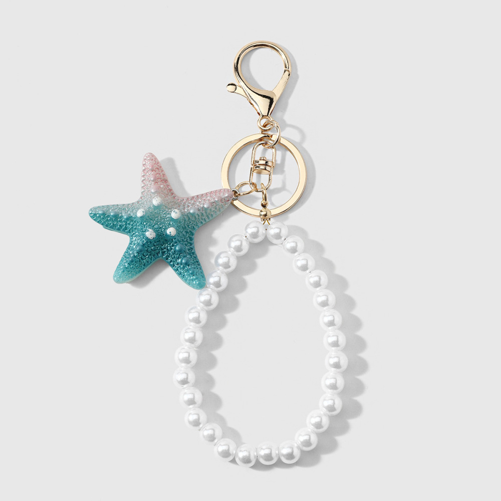 Porte-Clés Simple En Perles Style Océanique, Orné D'Étoiles De Mer Et De Perles Artificielles En Alliage Aux Couleurs Dégradées. 