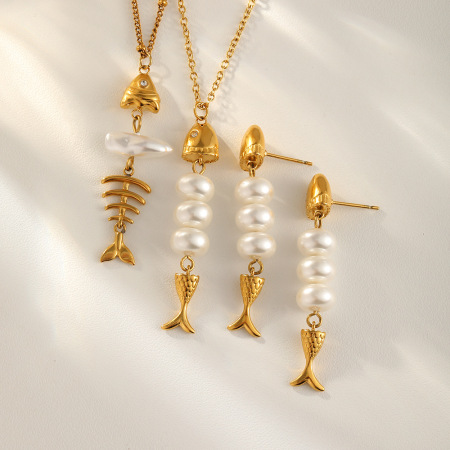 Ensembles De Colliers Pour Femmes En Acier Inoxydable, Imperméables, Couleur Or, Avec Perles Artificielles Et Motif Poisson 2