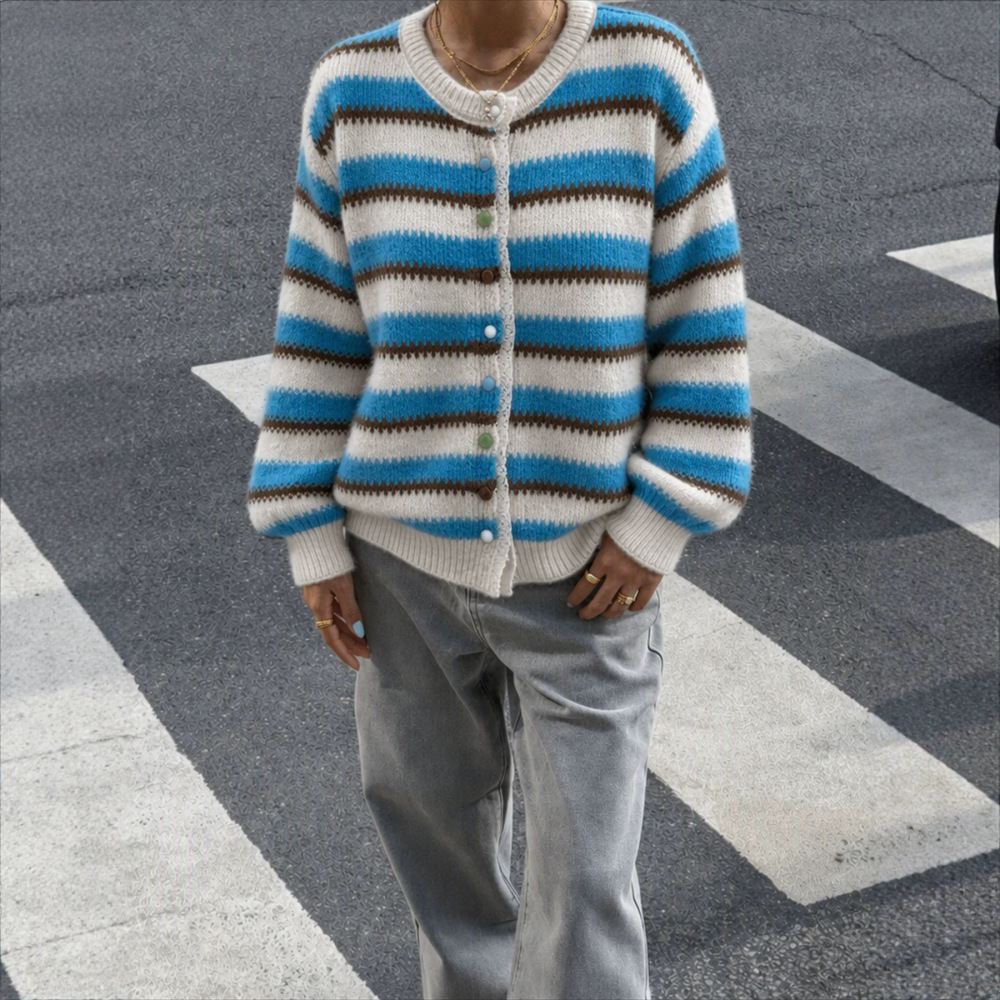 Cardigan Droit À Rayures Rétro Et Boutons h5Image5