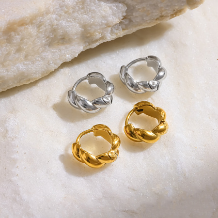 Boucles D'Oreilles Créoles Pour Femmes, Style Géométrique Torsadé, En Acier Inoxydable, Étanches, Couleur Or, Collection Simple Series 2