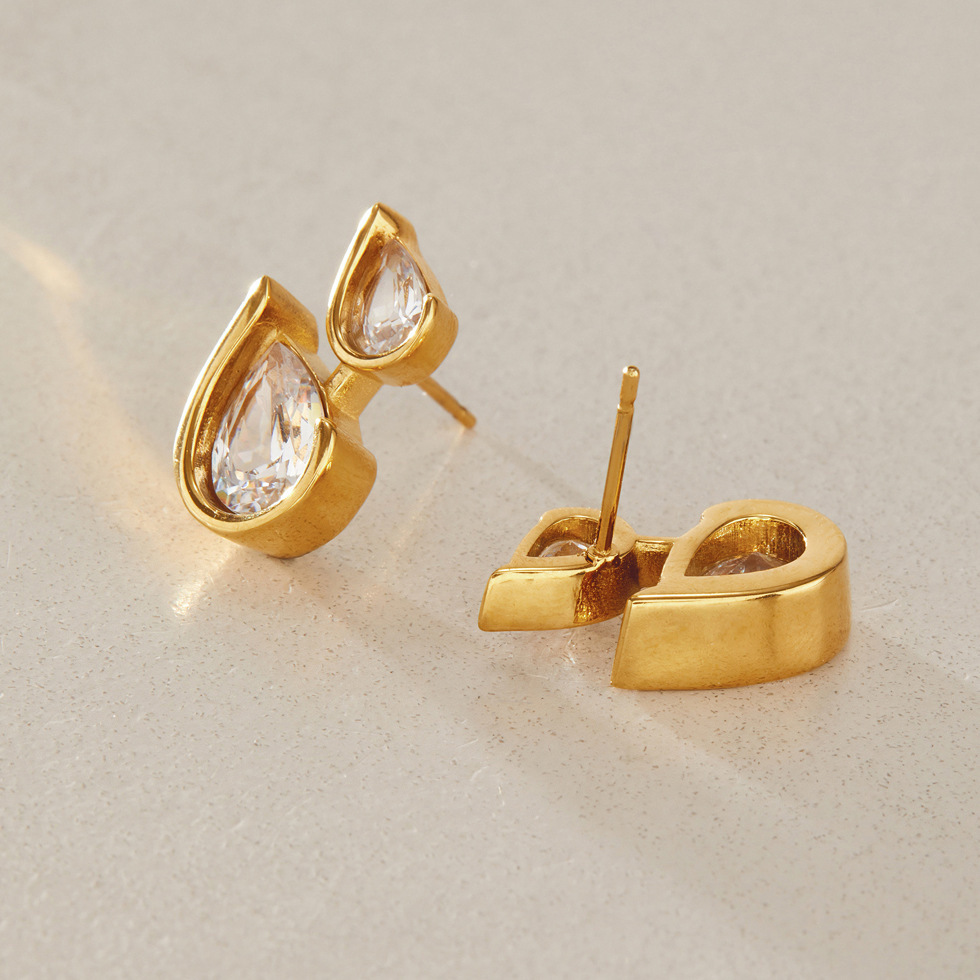 Boucles D'Oreilles Puces Pour Femmes En Acier Inoxydable, Étanches, Couleur Or, Avec Zircon. Image3