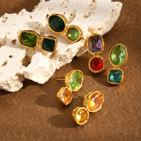 Boucles D'Oreilles Puces Pour Femmes, En Acier Inoxydable Imperméable, Couleur Or, Motif Martelé Circulaire, Ornées De Zircon. Collection Luxueuse
