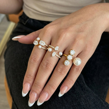 Bagues Pour Femmes En Acier Inoxydable Imperméable, Style Simple, Élégantes Et De Forme Irrégulière, Serties De Zircon Et De Perles Artificielles.