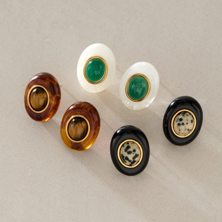 Boucles D'Oreilles Puces Rétro En Résine Dorée, Forme Elliptique
