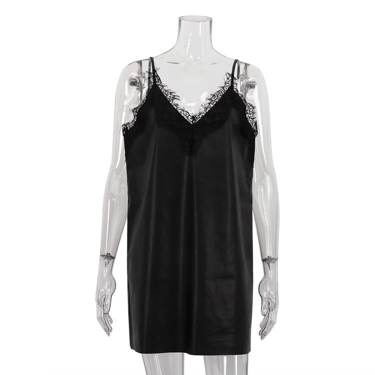 Robe Droite Sans Manches Sexy À Empiècements En Dentelle Unie 