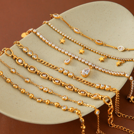 Bracelet Chaîne Femme En Acier Inoxydable Doré, Étanche, Avec Zircon, Collection Luxe Daily Chain
