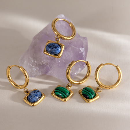 Boucles D'Oreilles Pendantes Pour Femme, Forme Géométrique, Acier Inoxydable, Étanches, Couleur Or, Pierre Naturelle 2